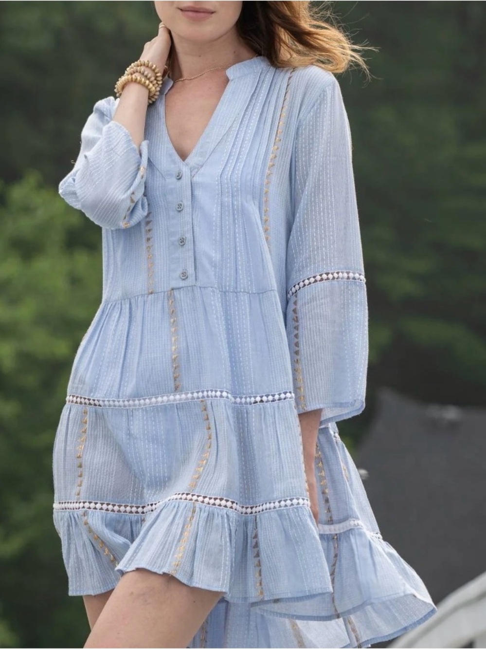 Dotti Ella Blue & White Stripe with Gold Metallic Trim Tiered Dress Size Medium